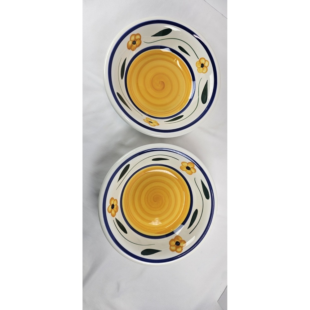 Set of 2‎ Roma Inc. Italy Hand Painted Bowls Yellow Blue Floral Soup Pasta 8.5"
